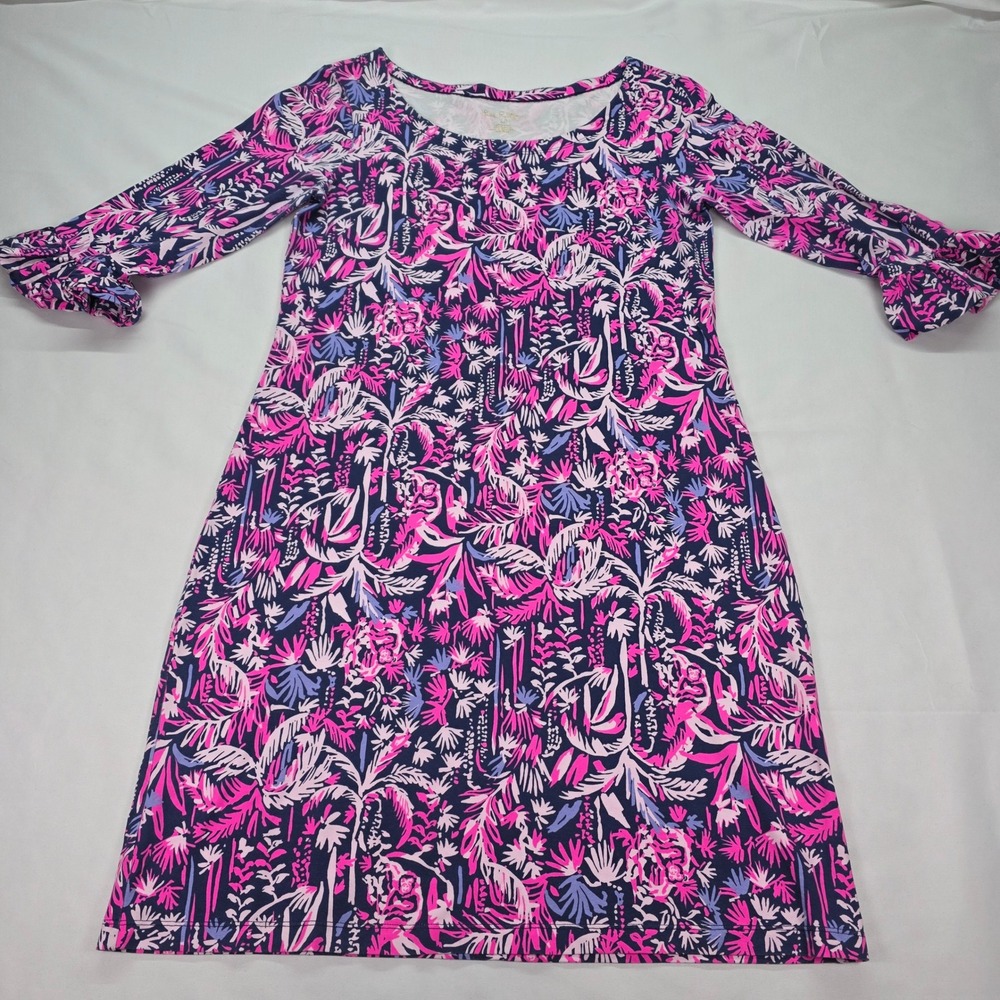 Lilly Pulitzer Hollee Dress Pink Navy Tropical Palm Ruffle Sleeve Jersey Medium